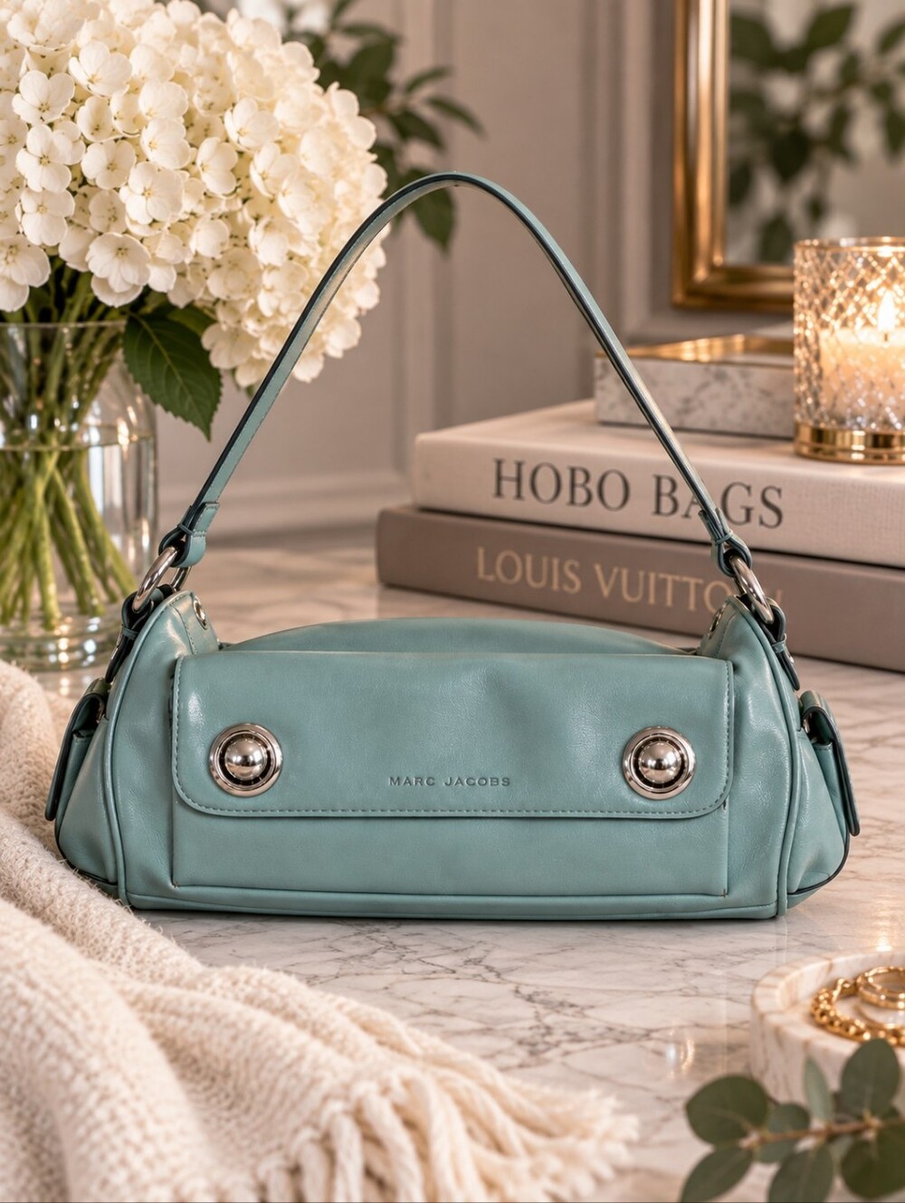 Marc Jacobs Small Hobo Shoulder Bag Aqua Blue Teal Silver Hardware